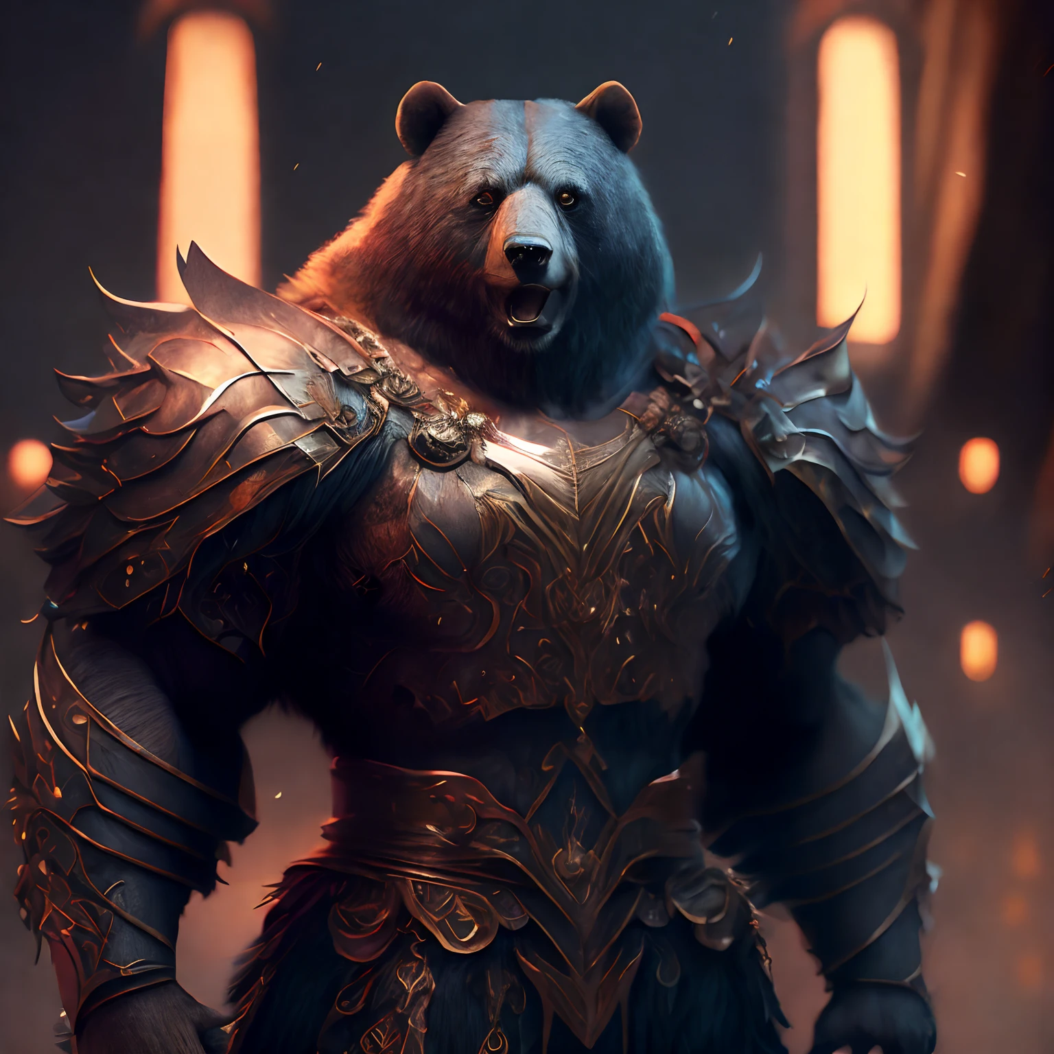 (Masterpiece), the best quality, (extremely detailed CG unified 8k wallpaper), (the best quality), (the best illustration), (the best shadow), Full length shot, black bear personification, Hercules, warrior, Chinese heavy armor, Chinese ink style, amazing epic Chinese ancient themes, martial arts style, Chinese fairy tales, highly detailed, dynamic, movies, amazing, realistic lights and shadows, vivid, full of vitality, 8k, octane rendering, fantasy engine, very detailed, concept art, realistic, crying engine,