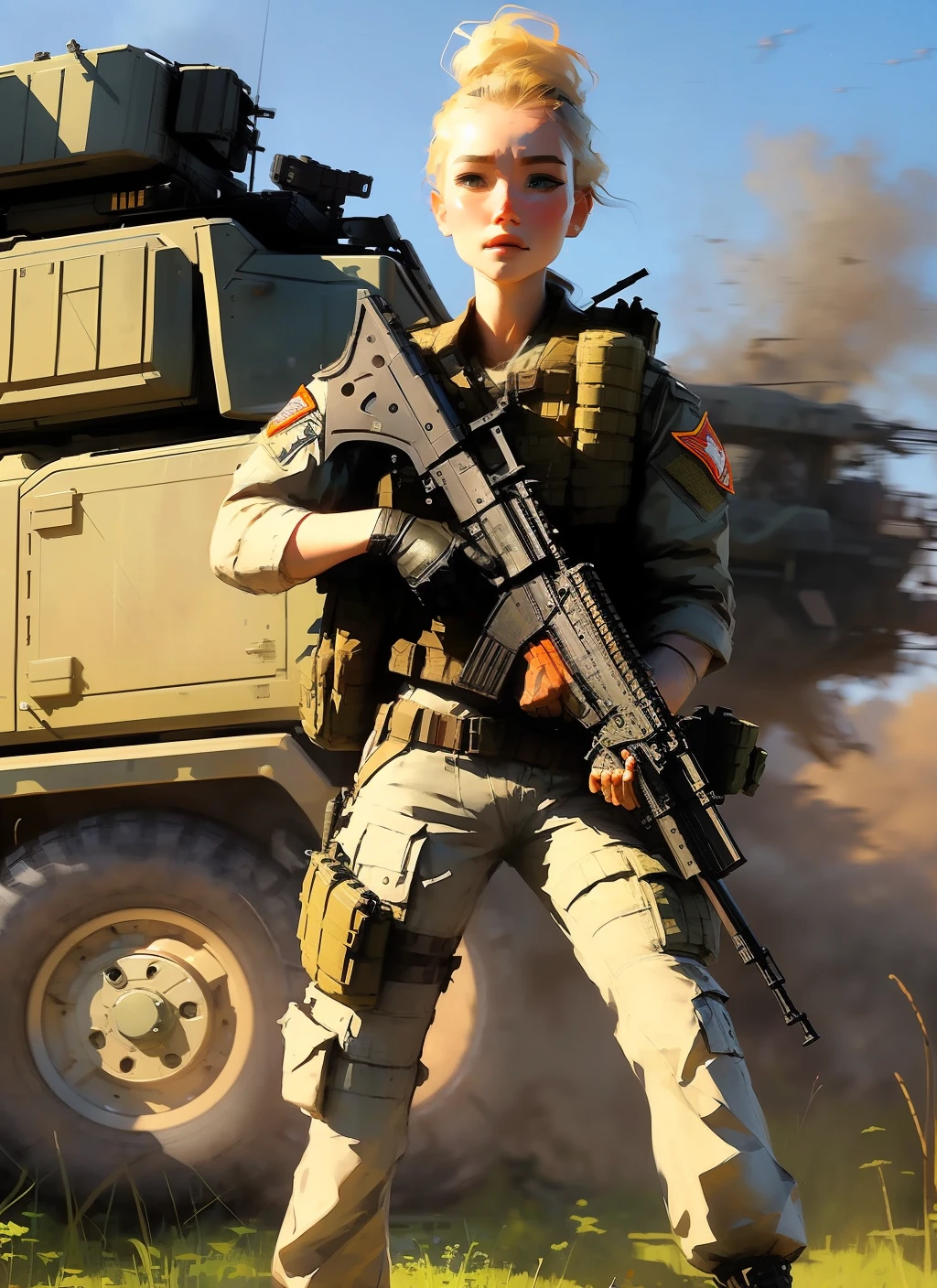 samdoesarts; an image of woman with short blonde hair, with military gear, cargo pants, (intricate), (detailed), digital art, dynamic pose, in a battlefield by Jeremy Mann, matth�us merian the elder, Pino Daeni, robert rauschenber, by beksinski
