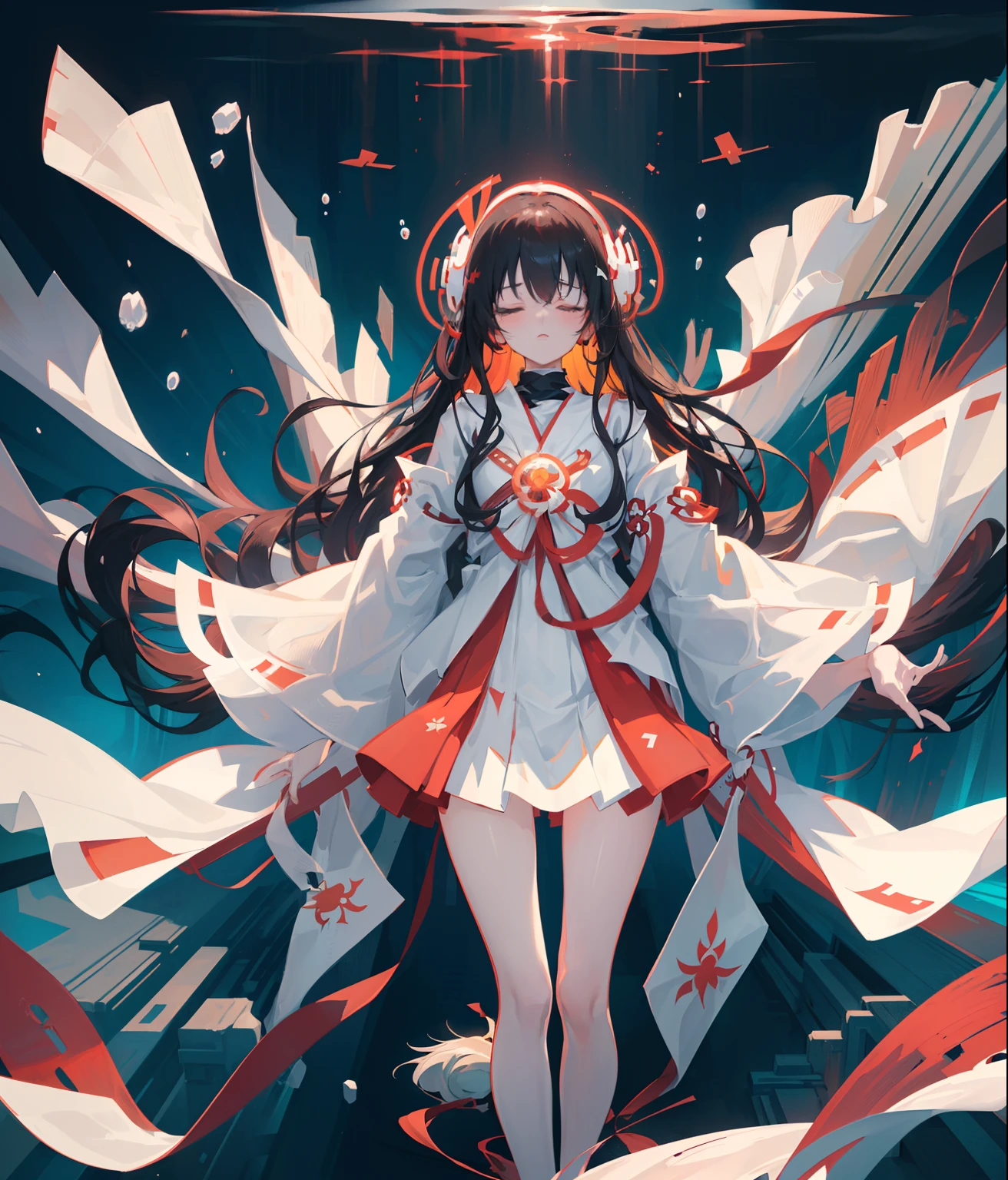((masterpiece, best quality, official art, extremely detailed CG unity 8k wallpaper)),(under water scene:1.4), (environment light), illustration, bishojo, 1 girl, solo, (long hair+black hair), (long neck), (long body), (fetal position), (relaxed, sense of floating:1.3), hair floating:1.2), (long miko outfit:1.4 + faded_red_and_white_long_miko_outfit:1.2), (close eyes:1.2),