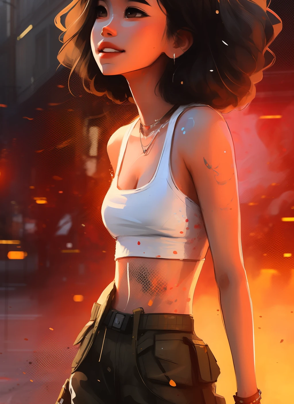 samdoesarts; award winning half body portrait of a beautiful woman in a croptop and cargo pants, military boots, standing on the street faint smile, paint splashes, hair in a bun, splatter, outrun, vaporware, digital art, trending on artstation, highly detailed, fine detail, intricate