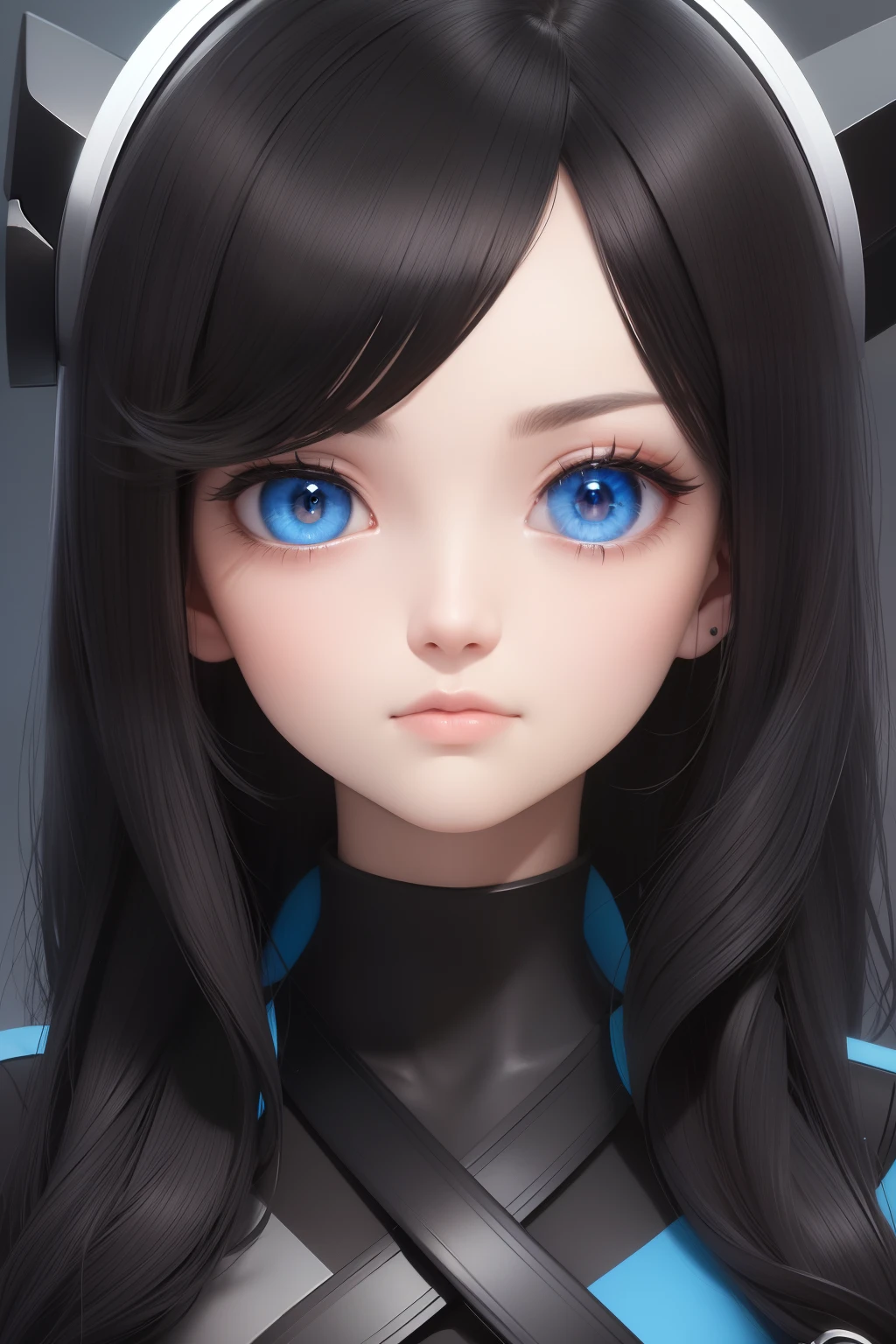 best quality, masterpiece,Black hair, blue eyes, looking up, upper body，roblox,Block Survivor