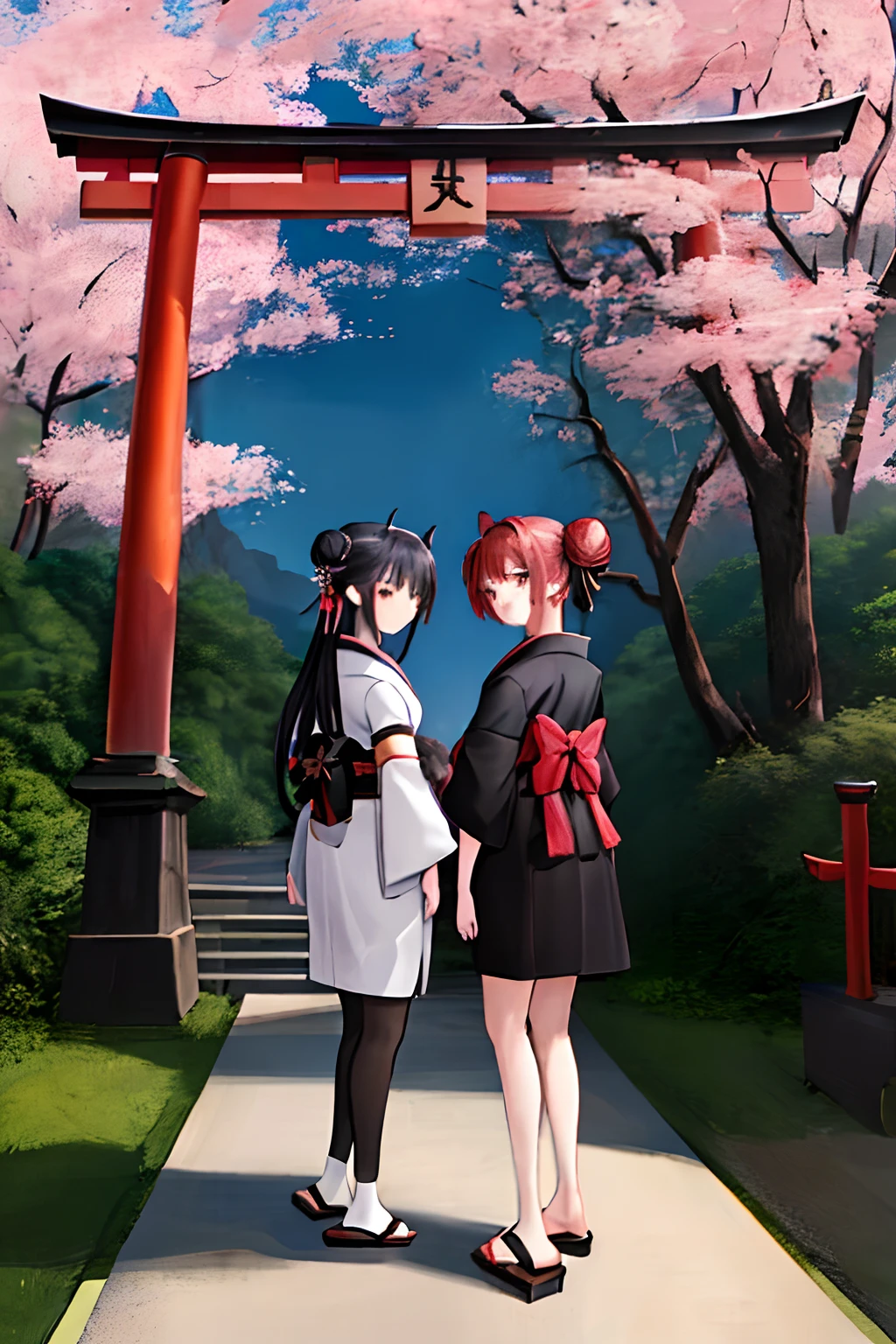 ((masterpiece,best quality)),2girls, black kimono, black legwear, black ribbon, black hair, cherry blossoms, day, flower, hair bun, hair ribbon, japanese clothes, kimono, long hair, looking at viewer, looking back, multiple girls, obi, outdoors, red eyes, red hair, ribbon, sandals, single hair bun, stairs, standing, statue, torii, tree, white kimono, yellow eyes