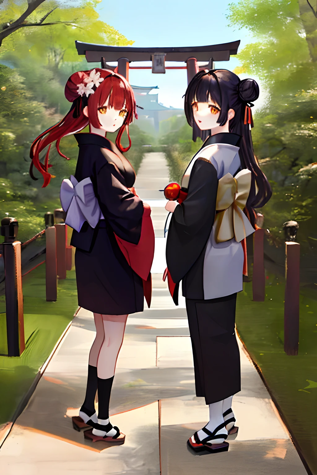 ((masterpiece,best quality)),2girls, black kimono, black legwear, black ribbon, black hair, cherry blossoms, day, flower, hair bun, hair ribbon, japanese clothes, kimono, long hair, looking at viewer, looking back, multiple girls, obi, outdoors, red eyes, red hair, ribbon, sandals, single hair bun, stairs, standing, statue, torii, tree, white kimono, yellow eyes