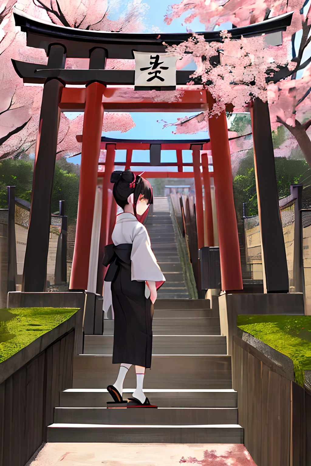 ((masterpiece,best quality)),2girls, black kimono, black legwear, black ribbon, black hair, cherry blossoms, day, flower, hair bun, hair ribbon, japanese clothes, kimono, long hair, looking at viewer, looking back, multiple girls, obi, outdoors, red eyes, red hair, ribbon, sandals, single hair bun, stairs, standing, statue, torii, tree, white kimono, yellow eyes