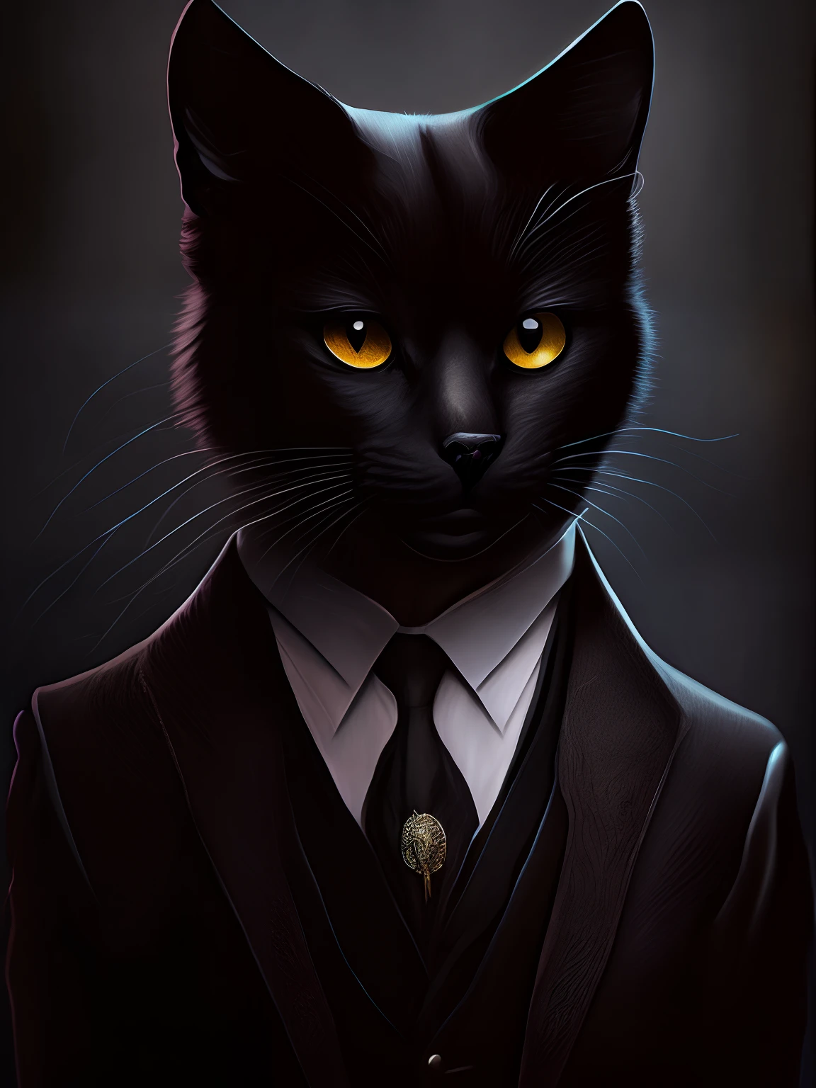 Portrait of a black cat with human's body, wearing a fancy suit, low lighting, gloomy