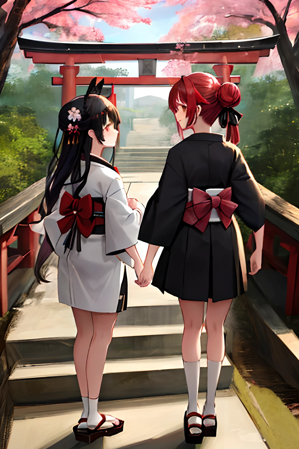 ((masterpiece,best quality)),2girls, black kimono, black legwear, black ribbon, black hair, cherry blossoms, day, flower, hair bun, hair ribbon, japanese clothes, kimono, long hair, looking at viewer, looking back, multiple girls, obi, outdoors, red eyes, red hair, ribbon, sandals, single hair bun, stairs, standing, statue, torii, tree, white kimono, yellow eyes