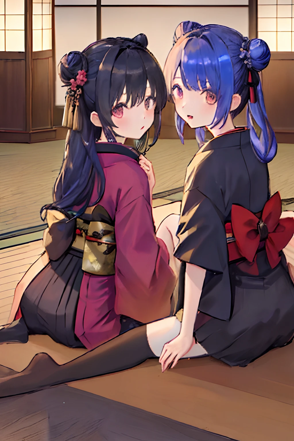 ((masterpiece,best quality)),2girls, black kimono, black legwear,blue hair,black ribbon, cherry blossoms, night,indoor, hair bun, hair ribbon, japanese clothes, kimono, long hair, looking at viewer, looking back, multiple girls