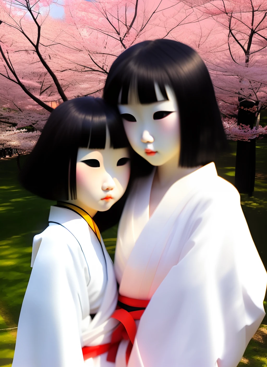 ((masterpiece,best quality)),2girls, black kimono, black legwear, black ribbon, black hair, cherry blossoms, day, flower, hair bun, hair ribbon, japanese clothes, kimono, long hair, looking at viewer, looking back, multiple girls, obi, outdoors, red eyes, red hair, ribbon, sandals, single hair bun, stairs, standing, statue, torii, tree, white kimono, yellow eyes