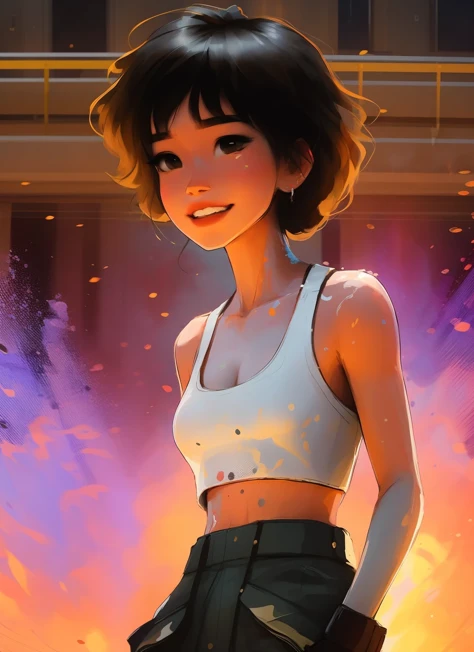 samdoesarts; award winning half body portrait of a beautiful woman in a croptop and cargo pants, military boots, standing on the street faint smile,  paint splashes, hair in a bun, splatter, outrun, vaporware,  digital art, trending on artstation, highly detailed, fine detail, intricate