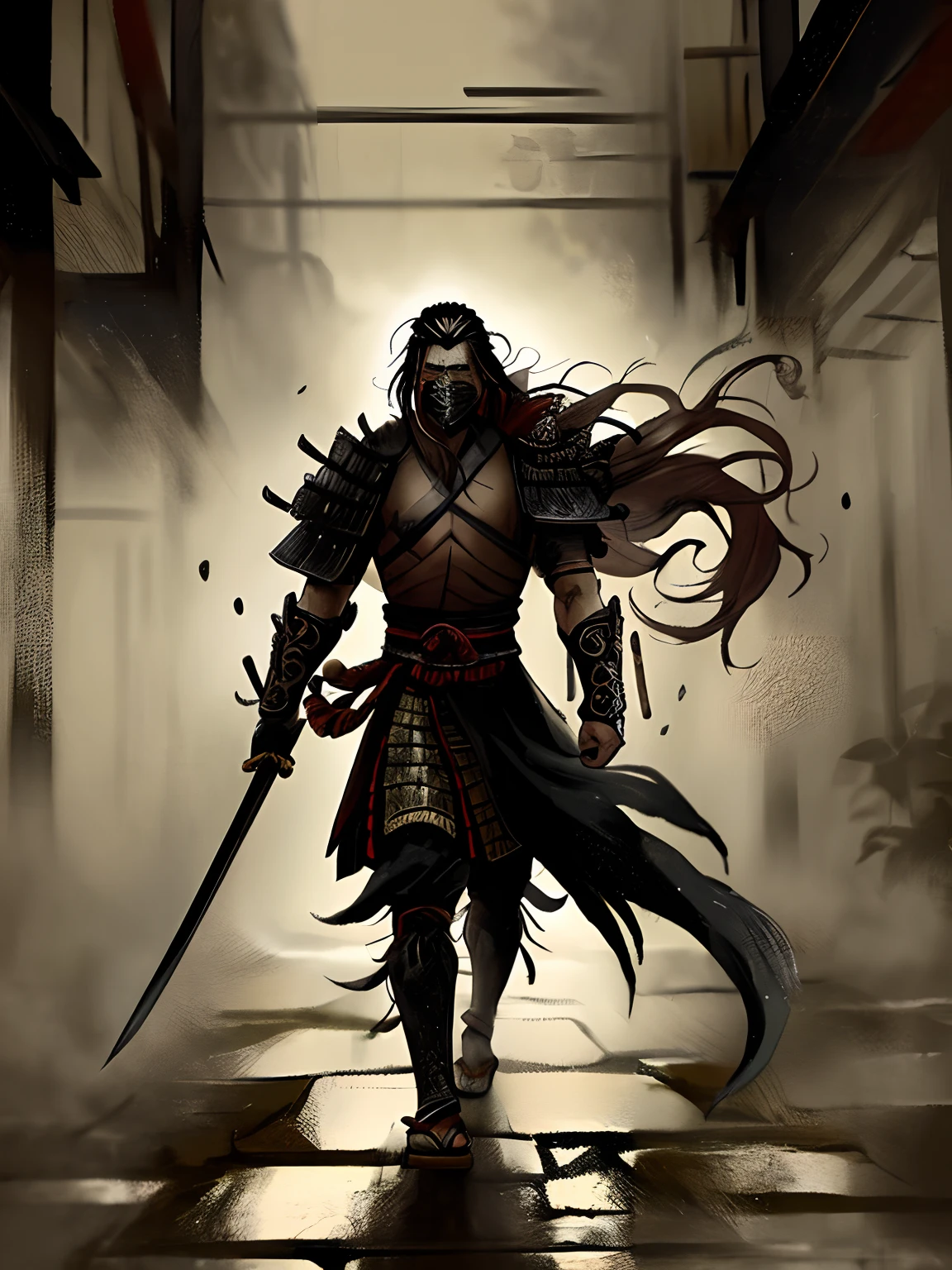 A samurai from ancient times walks in a cyberpunk city, it's raining heavily. He carries two swords on his back and wears a mask with fangs, while his long hair is blowing in the wind