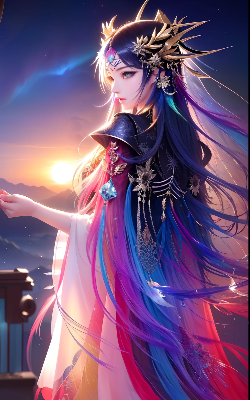 dramatic angle,(fluttered detailed color splashs), (illustration),(((1 girl))),(long hair),(rain:0.9),(hair ornament:1.4),there is an ancient palace beside the girl,chinese clothes,(focus on), color Ink wash painting,(color splashing),colorful splashing,(((colorful))),(sketch:0.8), Masterpiece,best quality, beautifully painted,highly detailed,(denoising:0.6),[splash ink],((ink refraction)), (beautiful detailed sky),moon,highly,detaild,(masterpiece, best quality, extremely detailed CG unity 8k wallpaper,masterpiece, best quality, ultra-detailed),(Lycoris radiata)