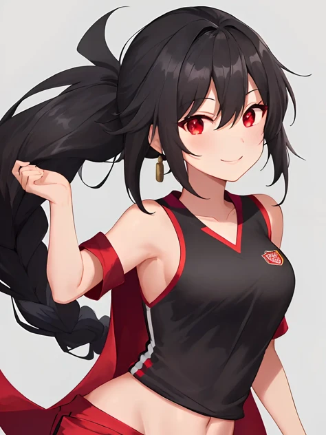 best quality, 1girl, black hair, long hair, low tied hair, red eyes, smile, standing, dynamic pose,A tall and cute Asian girl playing soccer,