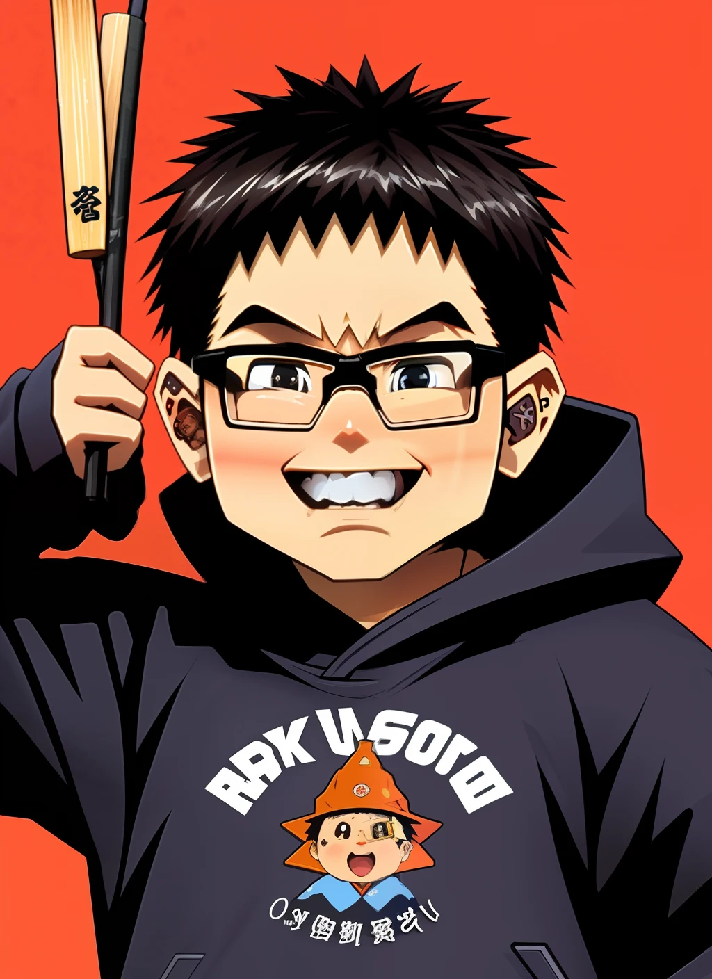A character in an anime style is depicted as a chubby boy wearing black-rimmed glasses with missing lower front teeth. He wears a hoodie with the words "stareunion" printed on it, paired with black long jeans and oversized pink shoes. In his hand he holds a skewer of Kanto-style hot pot.Cyberpunk