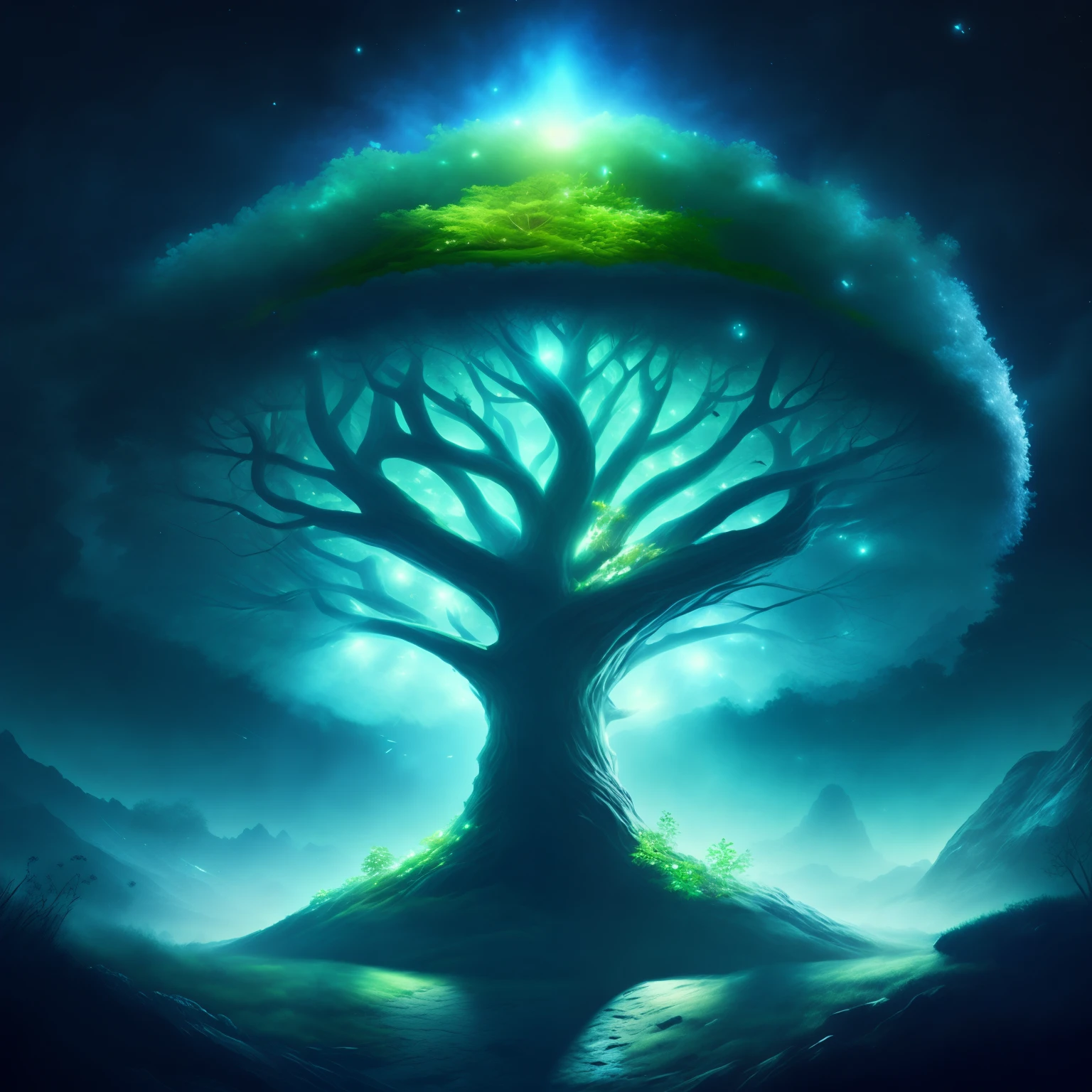 In the game at night, a world tree in the sky, leaves lush clear, full of magic halo