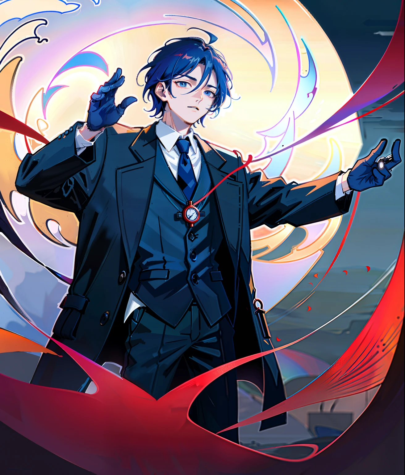 (masterpiece), (best quality), (ultra detailed),(illustration), (ung guy:1.2), gentleman, 45° standing, looking at viewer, fighting_stance, (stretching a thin silver wire in hands) solo, 20_years_old, handsome, ((indigo_blue_hair)), short hair, cold_gaze, blue-purple_eyes, (sea of red spider lily flowers:1.2), (moon night), black_coat, gloves, pocket_watch