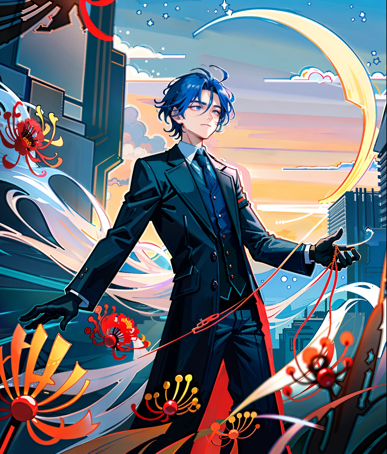 (masterpiece), (best quality), (ultra detailed),(illustration), (1 young guy:1.2), gentleman, 45° standing, looking at viewer, fighting_stance, (stretching a thin silver wire in hands) solo, 20_years_old, handsome, ((indigo_blue_hair)), short hair, cold_gaze, blue-purple_eyes, (sea of red spider lily flowers:1.2), (moon night), black_coat, gloves, pocket_watch