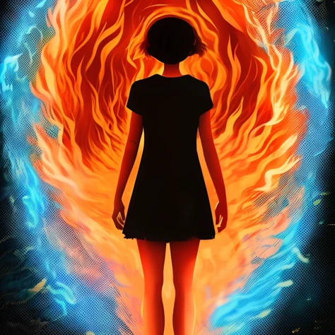 can be translated into English as "A serious sci-fi themed original artwork of a girl standing amidst fierce flames.