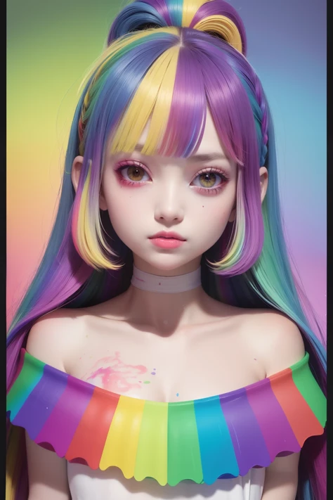 (((rainbow border))), ((cropped torso upper body)), ((white background)), intricate detail, detailed manga illustration, ((((( riser ))))), (antique style) color splash color splash, color explosion, thick paint style, messy lines, clear lines (high saturation), (rich color) (rich color) color splash, thick paint style, messy lines, clear lines, rainbow color gradient high ponytail, exquisite makeup, red lips, closed mouth, long eyelashes, big rainbow bow, high quality, high definition, white strapless t-shirt, looking at the audience, cropped under the torso, (colored background) background clear, colored splash background, ((splash ink)) (color splash), standup, upper body, paint splash, acrylic paint, 1 girl, front, covered in paint, drawing, oil painting, ((rainbow color hair)), gradient color, super short coat, paint, being painted, highest quality, highest quality, masterpiece, solo, depth of field, cute girl with delicate moist skin, solo, full of seven color paint walls, face with paint, shoulders, belly, gradient, fine CG, exquisite and beautiful facial features, gorgeous highlights, crystal clear, stunning, charming, shining, perfect, super clear, 16k