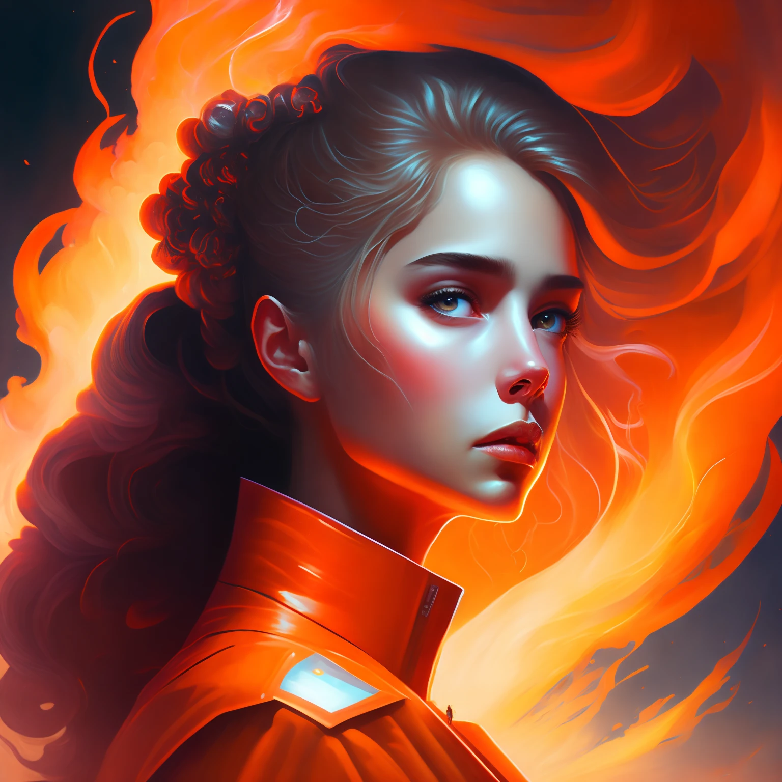 Girl, original painting, sci-fi style, serious, with intense fire behind her and a sense of reality.