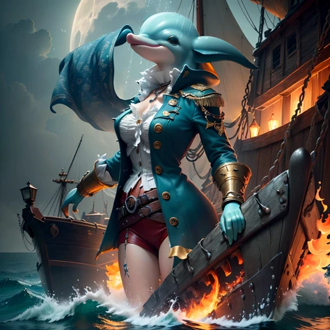 (dolphin),anthropomorphism(beautiful face) stands on the deck. The sea is a dilapidated pirate ship, filled with flames, moon, waves, and rain. (Extremely detailed CG unified 8k wallpaper), highly detailed, masterpieces, (HDR) (wallpaper) (electrographic lighting) (sharp focus), (extremely detailed CG unified 8k wallpaper), (best quality)
