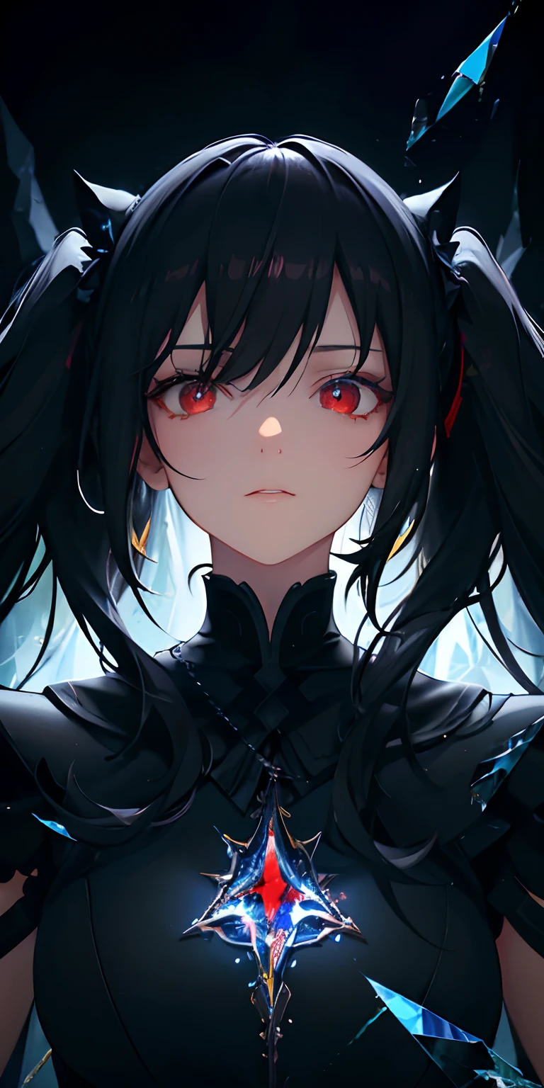 (masterpiece, best quality, ultra-detailed, best shadow), (detailed background,dark fantasy), (beautiful detailed face), high contrast, (best illumination, an extremely delicate and beautiful), ((cinematic light)), colorful, hyper detail, dramatic light, intricate details, (1 girl, solo,black hair, sharp face,low twintails,red eyes, hair between eyes,dynamic angle), blood splatter, swirling black light around the character, depth of field,black light particles,(broken glass),magic circle,