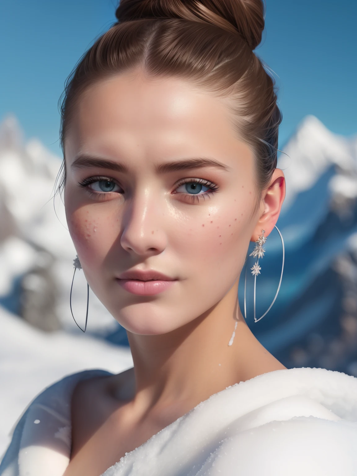 best ratio four finger and one thumb, attractive stunning Ukrainian woman, (messy bun),  skin pores, behind glacial mountains, snow, (high detailed skin:1.1), film grain, Fujifilm XT3, (high detailed face:1.1), (soothing tones:1.25), (hdr:1.25), (artstation:1.2), dramatic, (intricate details:1.14), (hyperrealistic 3d render:1.16), (filmic:0.55), (rutkowski:1.1), (faded:1.3), ((partially exposed nipples))