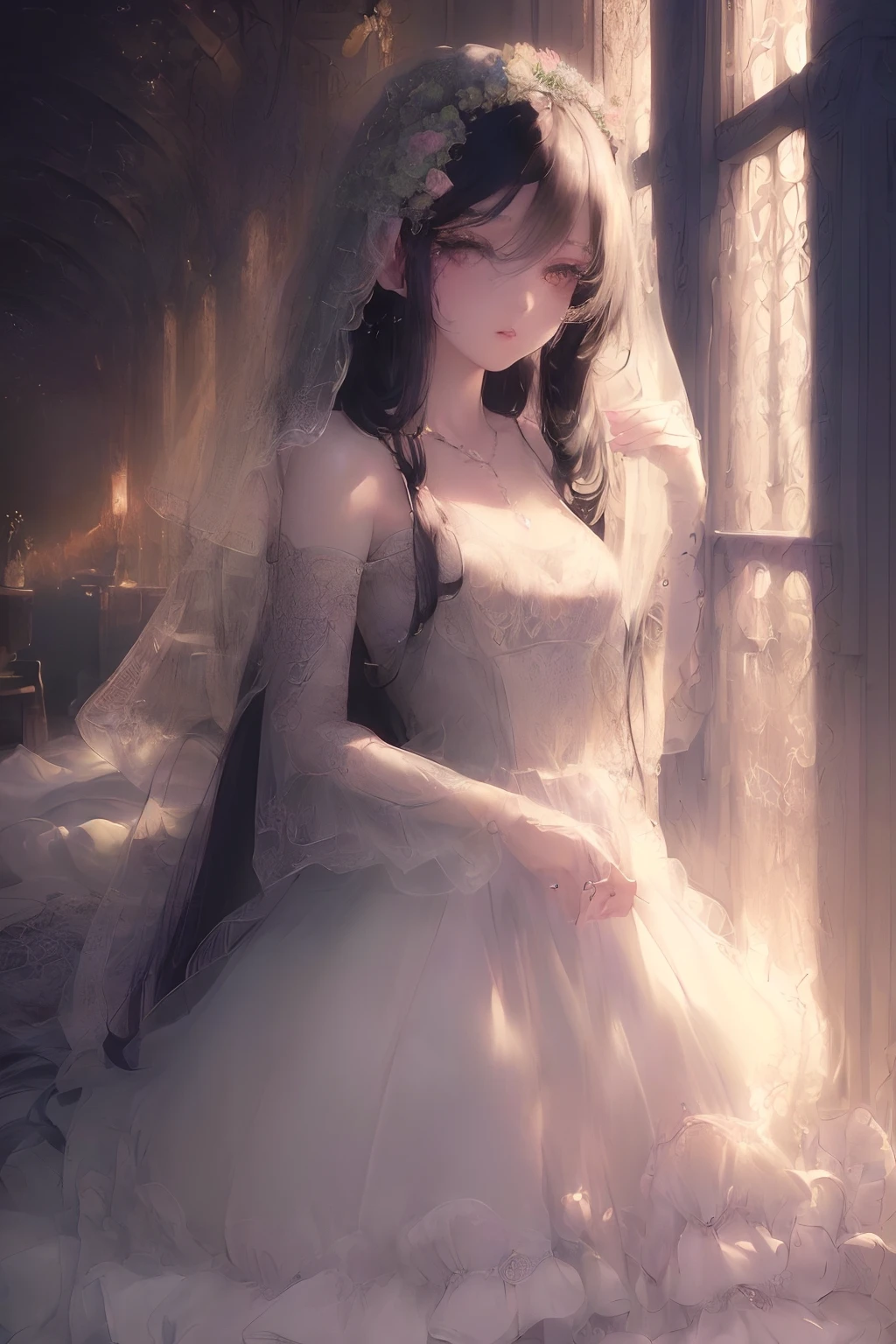 art by Cornflower, dreamy (a girl who was petite and had beautiful detailed eyes. Long （black hair：1.1）(((masterpiece))),(((best quality))),((ultra-detailed)),(illustration),((an extremely delicate and beautiful)),( cinematic lighting),(extremely detailed CG unity 8k wallpaper),((weddingdress)),beautyfull intricacy clothing decorative pattern details,necklace,hair hair ornament