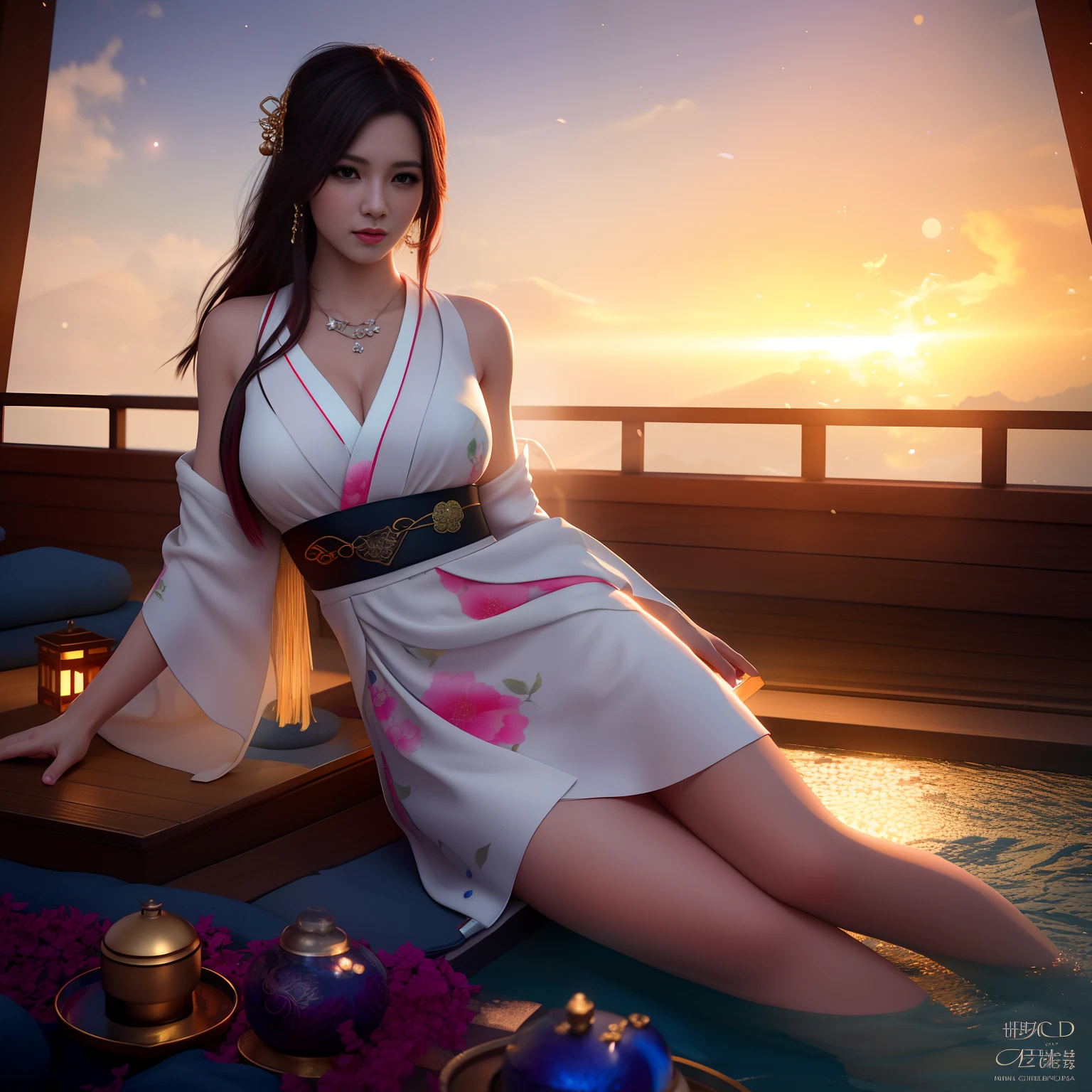 realistic painting,best quality,hires,ray-tracing,artbook, masterpiece, highres, 1girl,china dress,multicolored hair,necklace, jewelry,Beautiful face,blush:1.5,yukata1.2,upon_body, top-down_bottom-up,light:1.2,onsen,leg hold,tyndall effect,photorealistic, dark studio, rim lighting, two tone lighting,(high detailed skin:1.2), 8k uhd, dslr, soft lighting, high quality, volumetric lighting, candid, Photograph, high resolution, HD, 8k, Bokeh