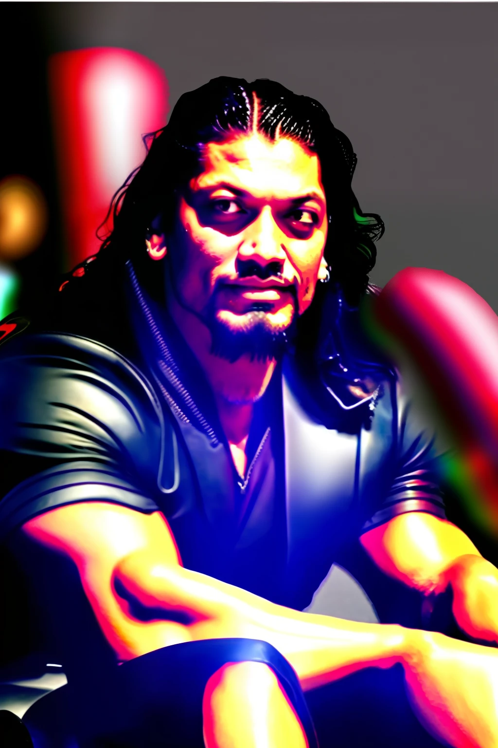 Roman Reigns sitting on a Harley, A serious expression, demons around him