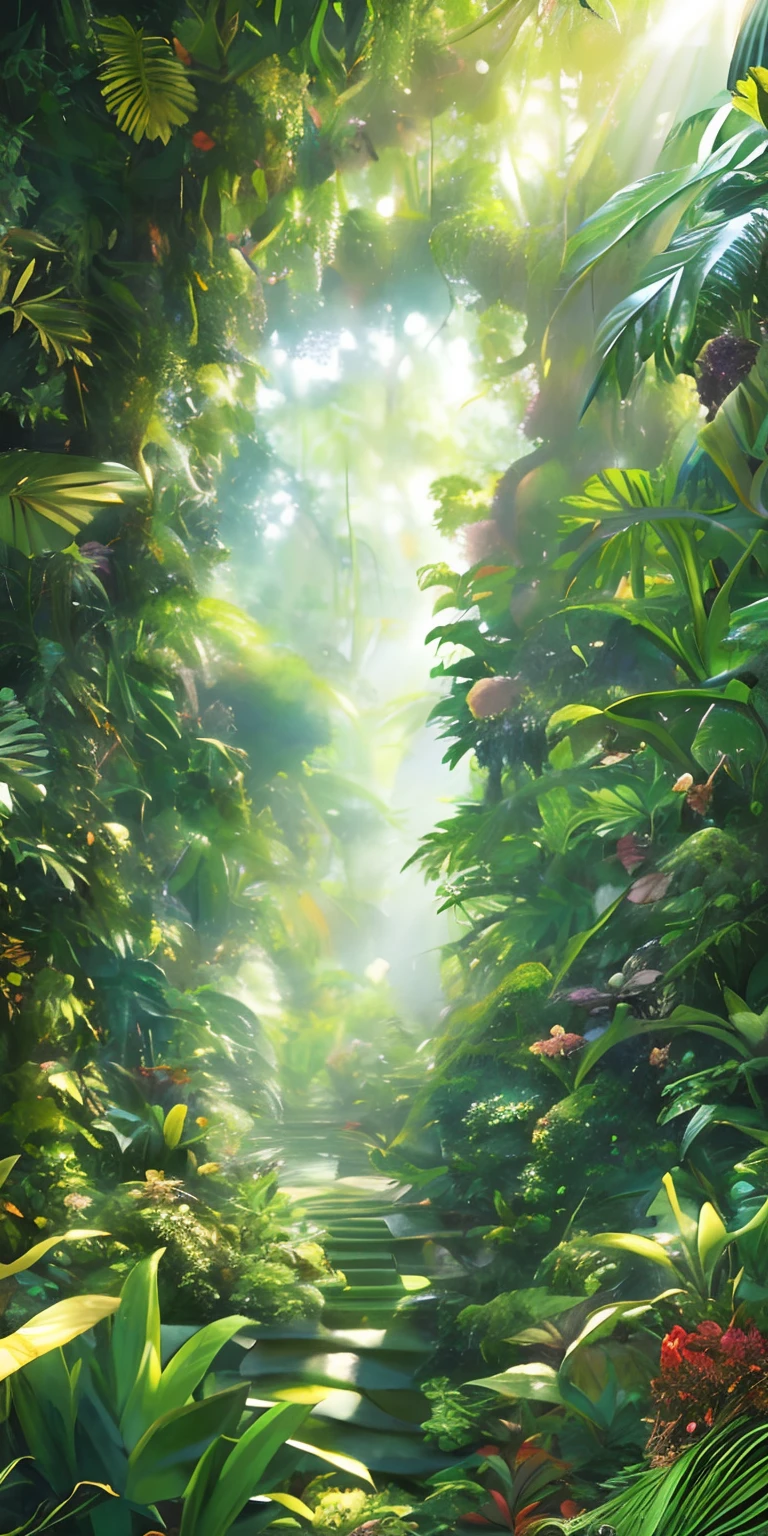 Digital illustration, detailed and intricate, of a dense jungle filled with exotic plants and animals, the sunlight filtering through the canopy creating a dappled effect. In the style of Yoshitaka Amano and Hayao Miyazaki, masterpiece, proportional, detailed, trending on artstation, beautiful lighting, realistic, intricate, award winning, 4k, highest quality