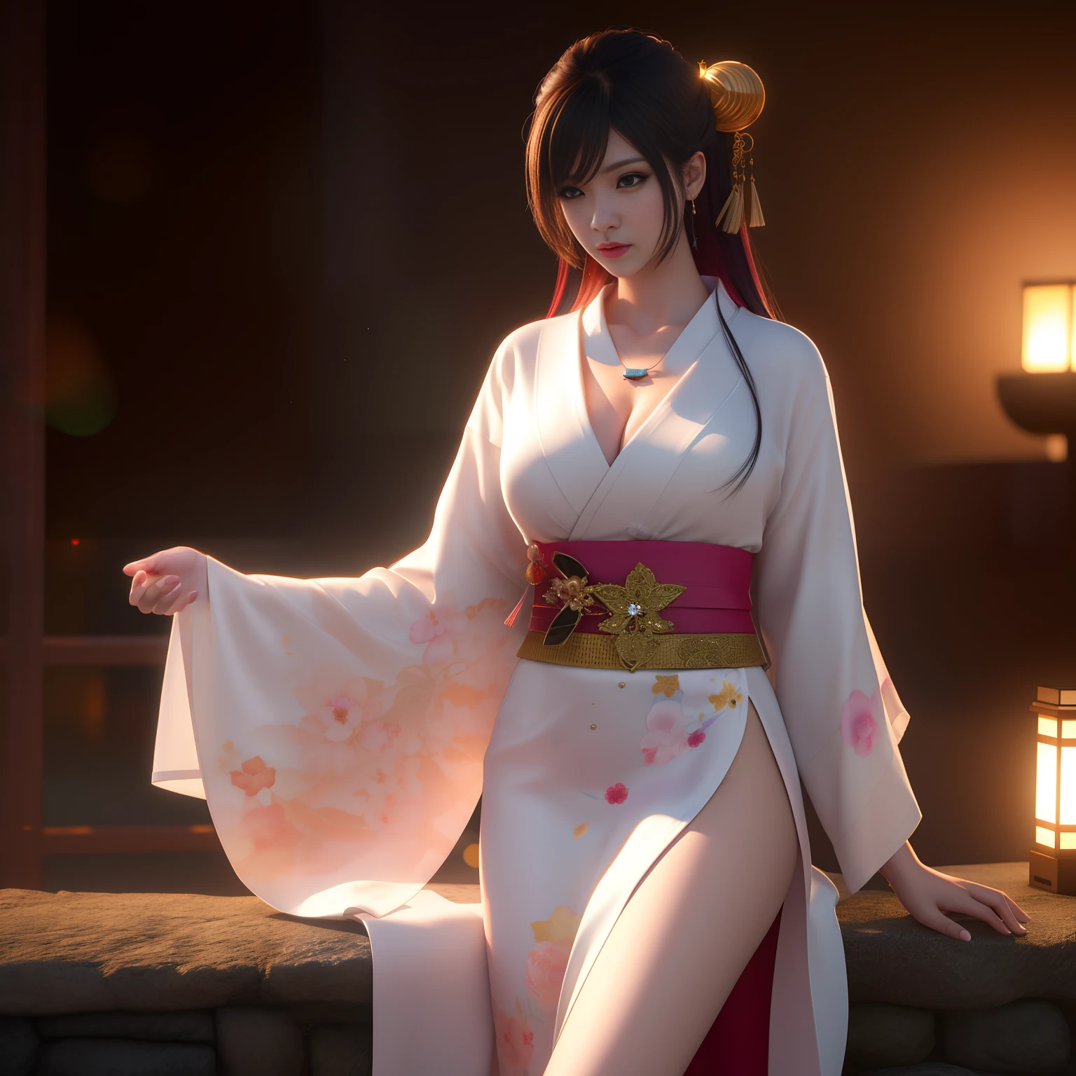 realistic painting,best quality,hires,ray-tracing,artbook, masterpiece, highres, 1girl,china dress,multicolored hair,necklace, jewelry,Beautiful face,blush:1.5,yukata1.2,upon_body, top-down_bottom-up,light:1.2,onsen,leg hold,tyndall effect,photorealistic, dark studio, rim lighting, two tone lighting,(high detailed skin:1.2), 8k uhd, dslr, soft lighting, high quality, volumetric lighting, candid, Photograph, high resolution, HD, 8k, Bokeh