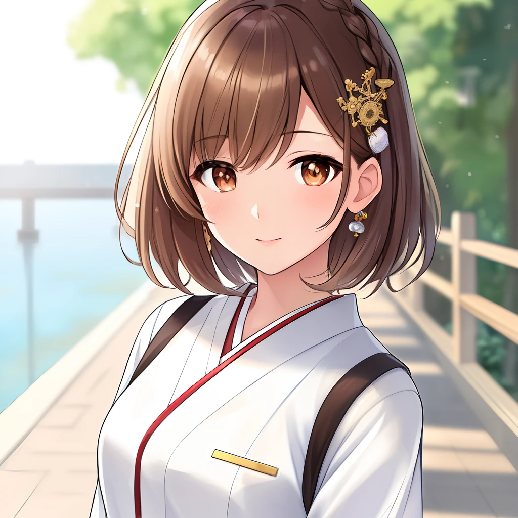 (8k, best quality, masterpiece:1.2), a Japanese high school girl, hair ornament, portrait, (brown hair and pupils:1.1), short hair, cute, beautiful, excellent work, light yellow school uniform, short skirt, seaside, smooth skin, Japanese anime style, wet, professional lighting, photon mapping, radiosity, physically-based rendering, (intricate detailed, tight clothing, hair ornament:1.2).