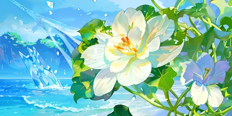 detailed background, masterpiece, best quality, scenery, A white flower with transparent petals, deep as sea water, crystal clear + dewy, 8K, HD, ivy, flowers, tropical plants