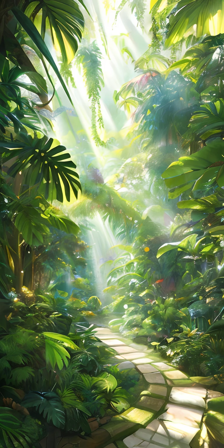 Digital illustration, detailed and intricate, of a dense jungle filled with exotic plants and animals, the sunlight filtering through the canopy creating a dappled effect. In the style of Yoshitaka Amano and Hayao Miyazaki, masterpiece, proportional, detailed, trending on artstation, beautiful lighting, realistic, intricate, award winning, 4k, highest quality