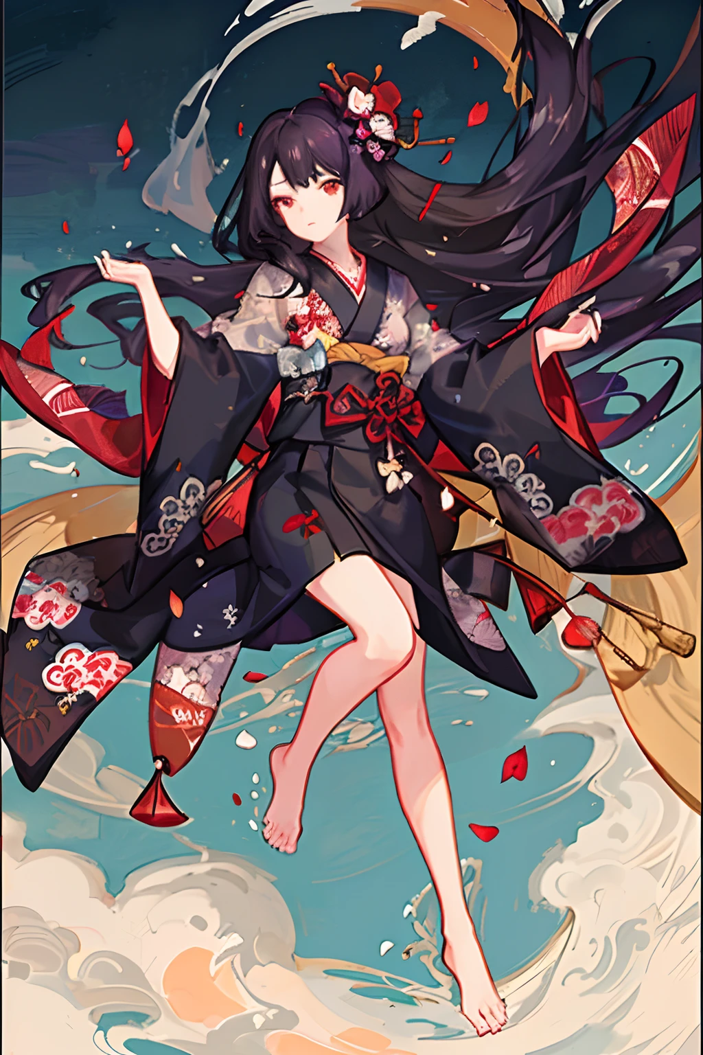 {{{Ukiyo-e_style}}},{{flat_style}},{simple_colors},{{{masterpiece}}},{katsushika_hokusai},long_hair,hair_flower,{{black_hair}},red_eyes,red_sky,{chinoiserie},{{{best_quality}}},kimono,{{ultra-detailed}},{illustration},Maple_leaves_flying,{{1girl}},{{{solo}}},{{an_extremely_delicate_and_beautiful}},blank_stare,close_to_viewer,{breeze},{Flying_splashes},{Flying_petals},wind,{Gorgeous and rich graphics}