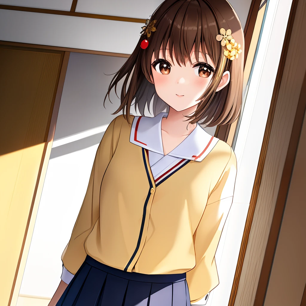 (8k, best quality, masterpiece:1.2), a Japanese high school girl, hair ornament, portrait, (brown hair and pupils:1.1), short hair, cute, beautiful, excellent work, light yellow school uniform, short skirt, seaside, smooth skin, Japanese anime style, wet, professional lighting, photon mapping, radiosity, physically-based rendering, (intricate detailed, tight clothing, hair ornament:1.2).