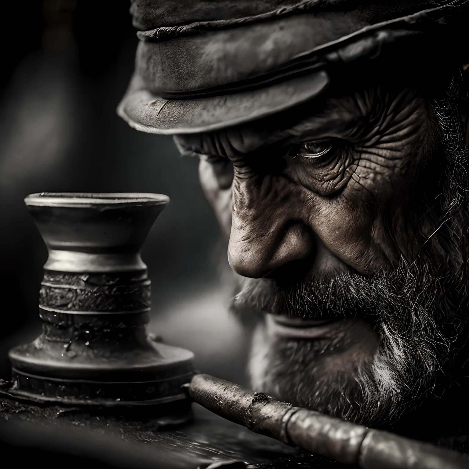 Macro Clear Quality, wet plate Photo Close-up Craftsman using hammer to make cold weapons, Rough skin, Focused eyes, Spark, 40 Years, Fog, Soot, Unreal Engine, UE5, film, very detailed, SONY A7iii, 85mm focal, f/1.8, Cintan Render + Ultra realistic, photos