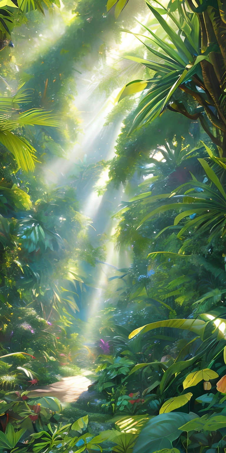 Digital illustration, detailed and intricate, of a dense jungle filled with exotic plants and animals, the sunlight filtering through the canopy creating a dappled effect. In the style of Yoshitaka Amano and Hayao Miyazaki, masterpiece, proportional, detailed, trending on artstation, beautiful lighting, realistic, intricate, award winning, 4k, highest quality