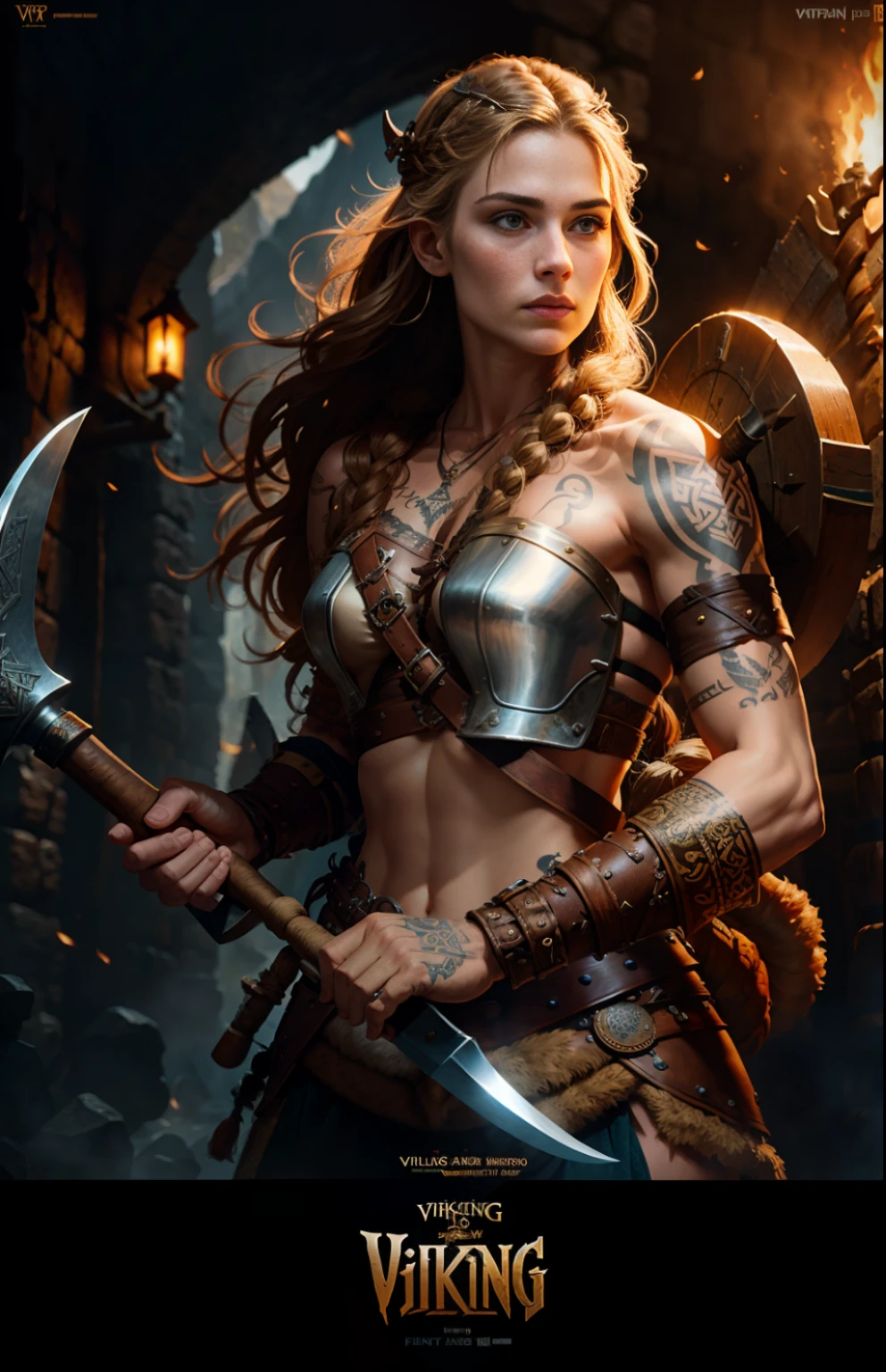 Movie poster, Viking female warrior, with a Viking style tattoo on her body, long brown hair, delicate face, holding a Viking battle axe, leather equipment, highly detailed, complex details, volumetric lighting, 4K rendering, ultra-realistic, realistic textures,