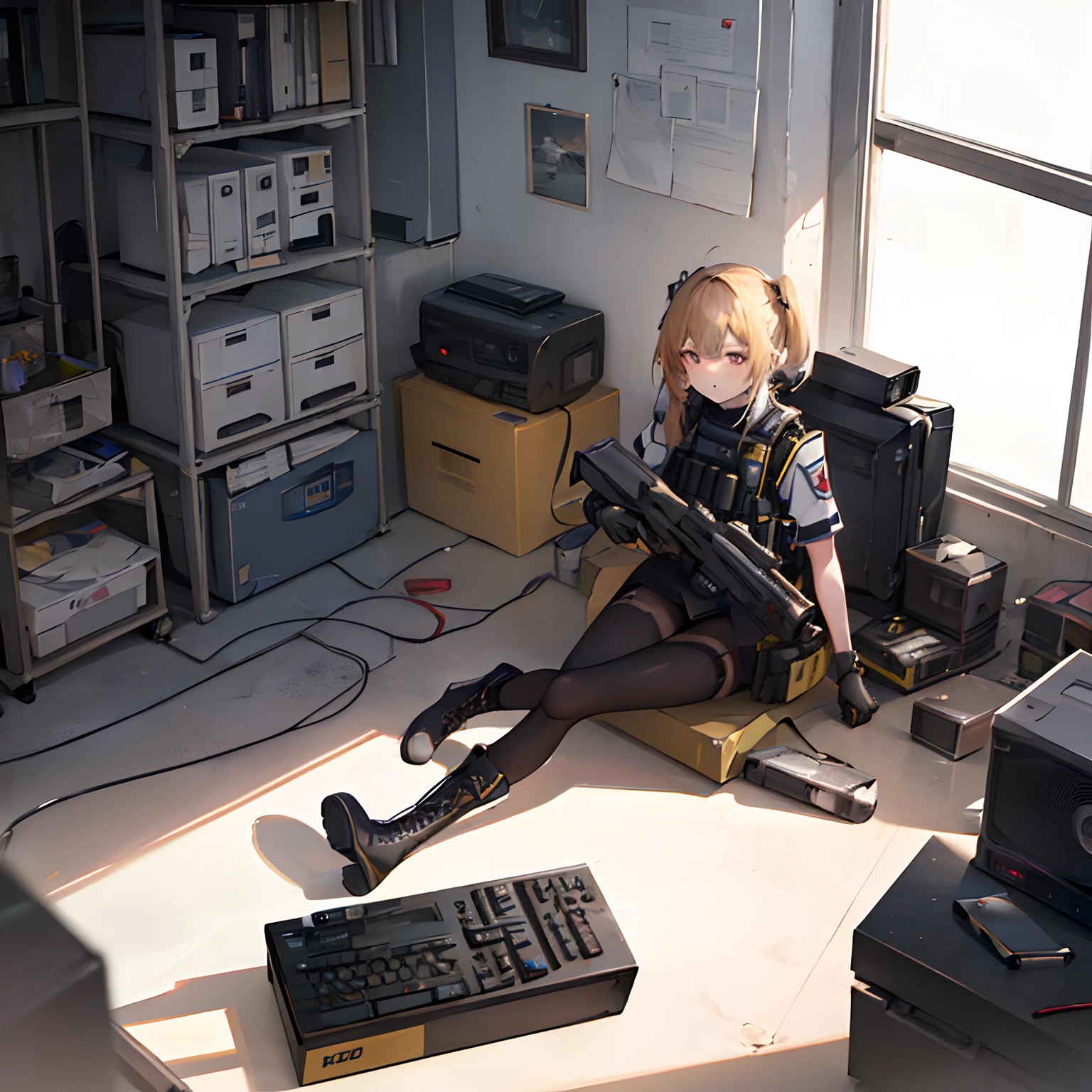 ((high quality)), ((masterpiece)), 8k, 1boy,1girl, bulletproof vest, light rays, extremely detailed CG unity 8k wallpaper, game cg, looking at viewer, gloves, boots, full body, watch, computer, <lora:LORAFlatColor_flatColor:1>, mask, drone, mechanical arms,