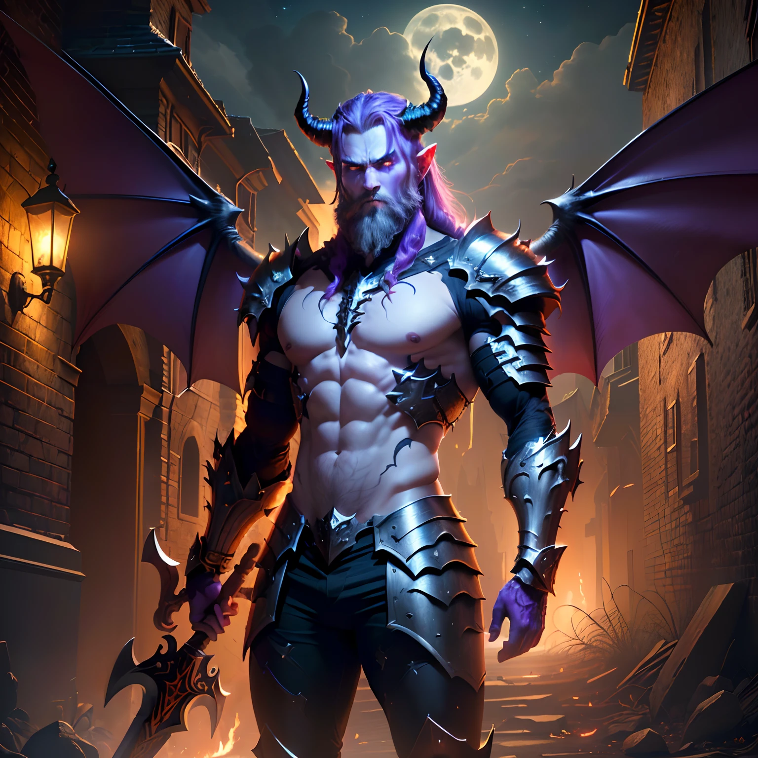 A male demon, wearing armor all over his body, strong and powerful, purple skin, red eyes glowing, with horns on the head and demon wings in the back, an axe in one hand, middle-aged, bearded, standing in the moonlight, dusky, bushes around, demonic vibe, (extremely detailed CG unified 8k wallpaper), highly detailed, masterpiece, (HDR)(wallpaper) (Film lighting)(Sharp focus), (extremely detailed CG unity 8k wallpaper), (best quality)