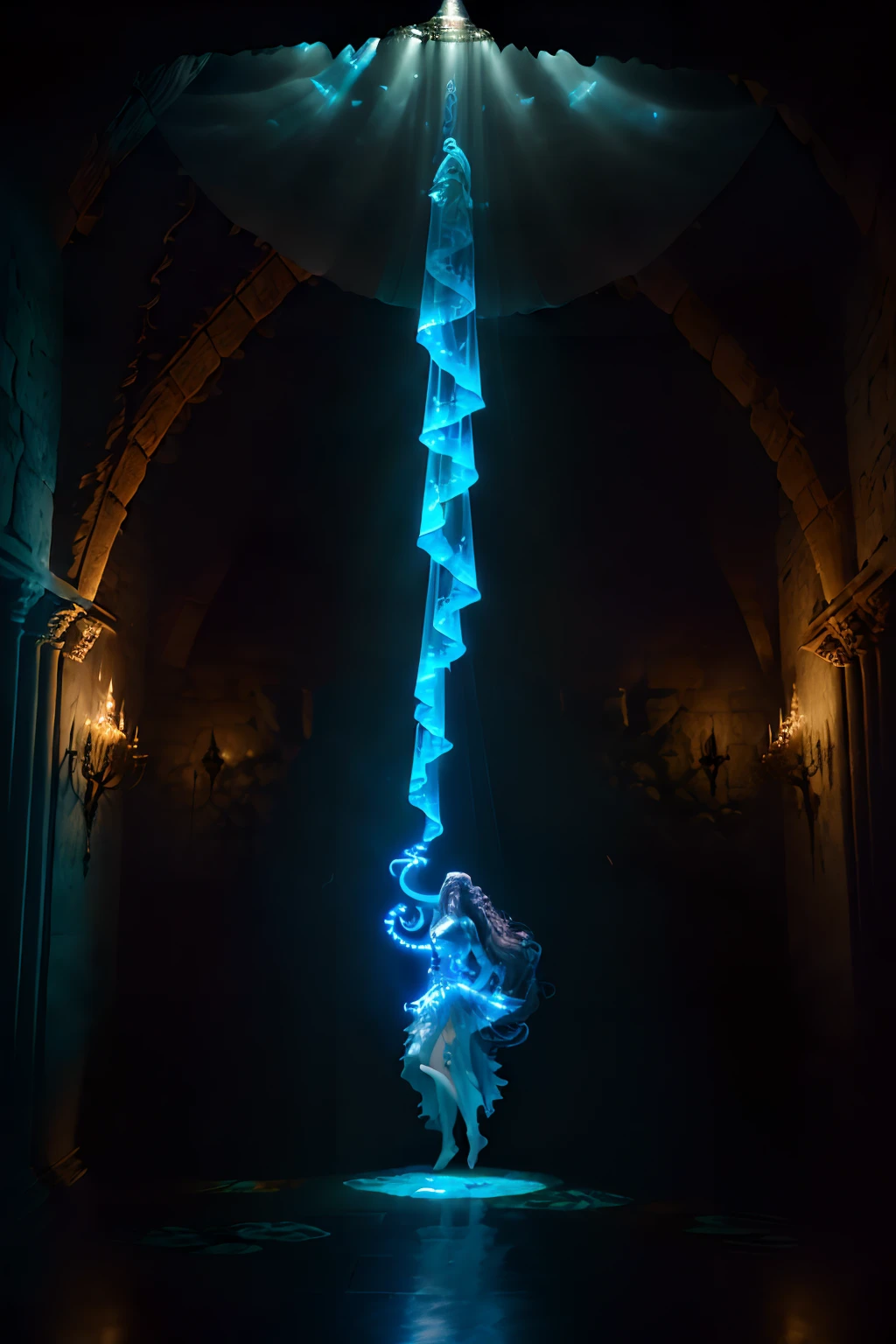 ((medium close shot)), ((Battle Through the Heavens)), ((Medusa)), (translucent), (transparent glowing blue), (ethereal), (otherworldly), (in medieval torn and ragged dress flowing), (barefoot), (floats in the air), inside the corridors of an ancient detailed well appointed castle ballroom, (floating), (dark interior), particle effects, (dynamic pose), (good composition), (subtle lighting), (award winning), (breathtaking), (masterpiece),