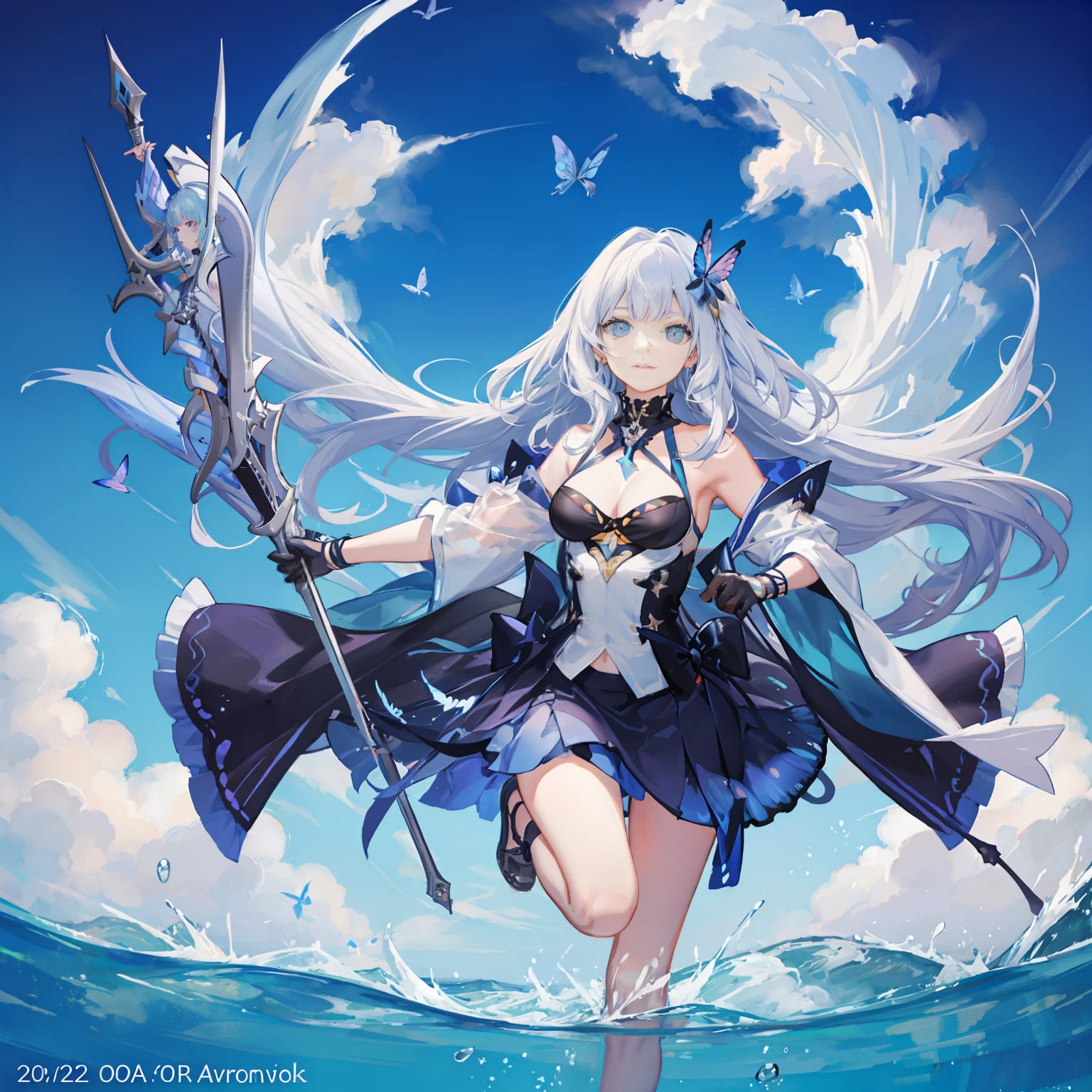 Colorful butterfly, deep sea hunter, girl, songstress, (detailed face: 1.2), (), (cleavage), thigh bands, long hair, asymmetrical bangs, Tarot border, centered portrait, (no weapon), (bouncing ).