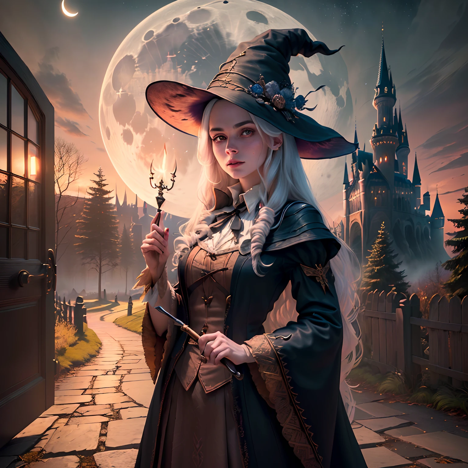 A young witch (Beautiful face)standing at the front door of her magic school like Hogwarts, holding a short wand, with a bloody moon in the sky, dusky, the castle is a ancient, trees around, (extremely detailed CG unified 8k wallpaper), highly detailed, masterpiece,  (HDR)(wallpaper) (Film lighting)(Sharp focus), (extremely detailed CG unity 8k wallpaper), (best quality)