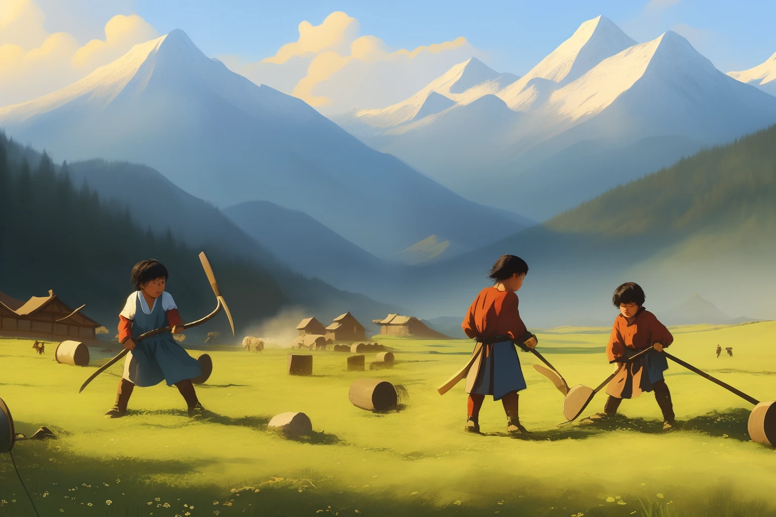 ((best quality)), ((ultradetailed)), ((masterpiece)), illustration, ancient times, Mongolian tribe, boy, chopping wood, herd, distant mountains, rustic, outdoors, sunny, detailed