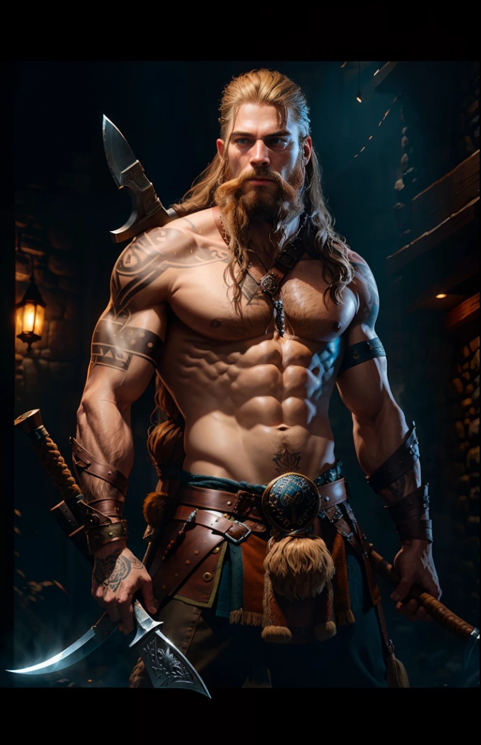 Movie poster, Viking Male Warrior, with a Viking style tattoo on her body, long brown hair, delicate face, holding a Viking battle axe, leather equipment, highly detailed, complex details, volumetric lighting, 4K rendering, ultra-realistic, realistic textures,