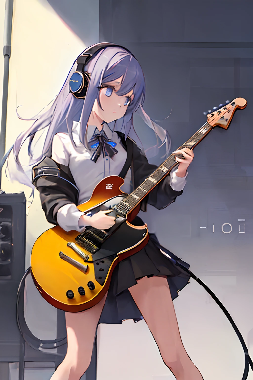 ((masterpiece,best quality))1girl, solo, black skirt, blue eyes, electric guitar, guitar, headphones, holding, holding plectrum, instrument, long hair, , music, high resolution