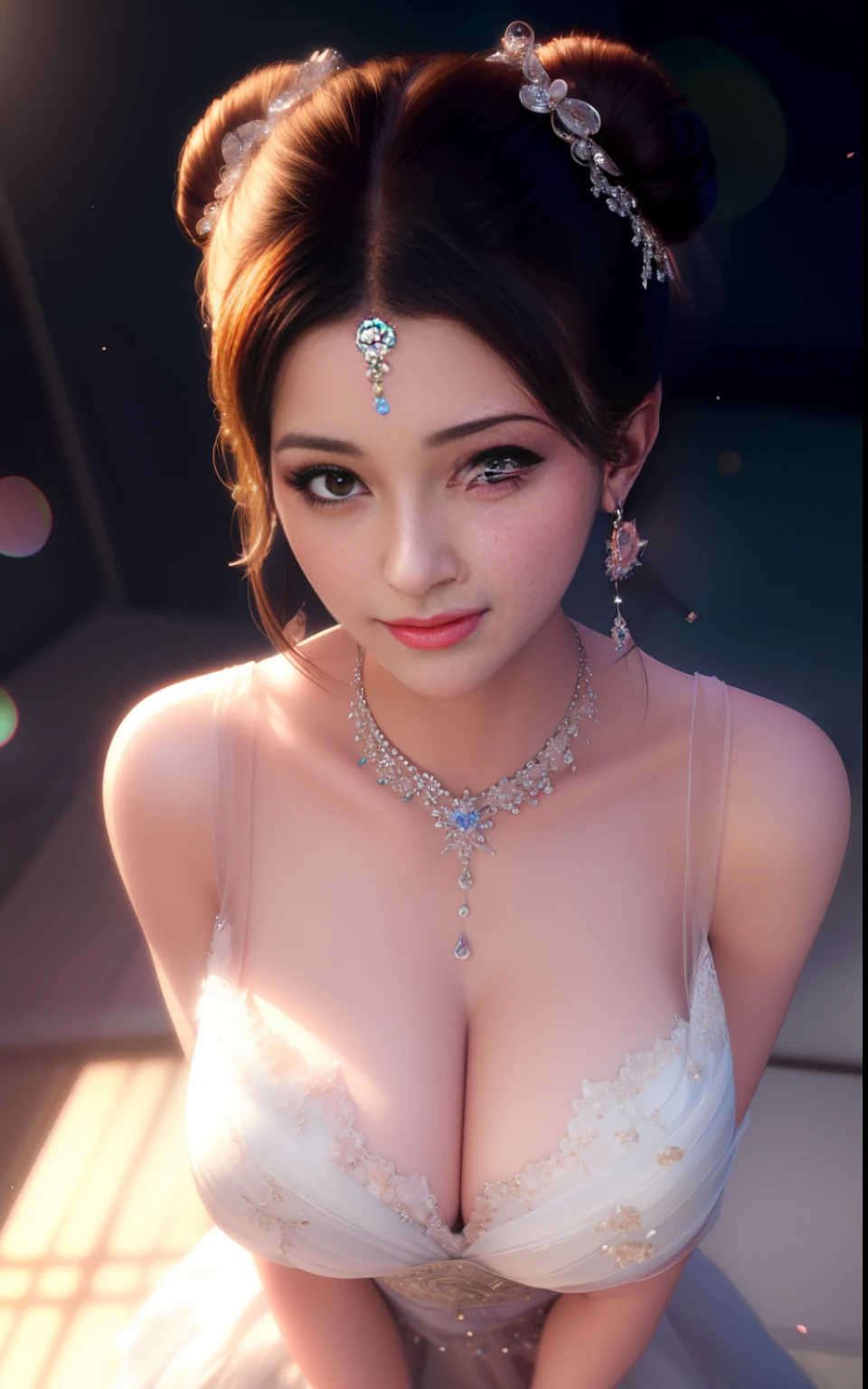 masterpiece,best quality,1girl,((detailed beautiful delicate face)), detailed beautiful delicate eyes,a face of perfect proportion,detailed skin,double bun,chest jewel,sweatdrop,((seductive smile)),breast curtains,leaning forward,arms_crossed,finger_gun,4k, 8k, ray-tracing, tyndall effect,Bokeh