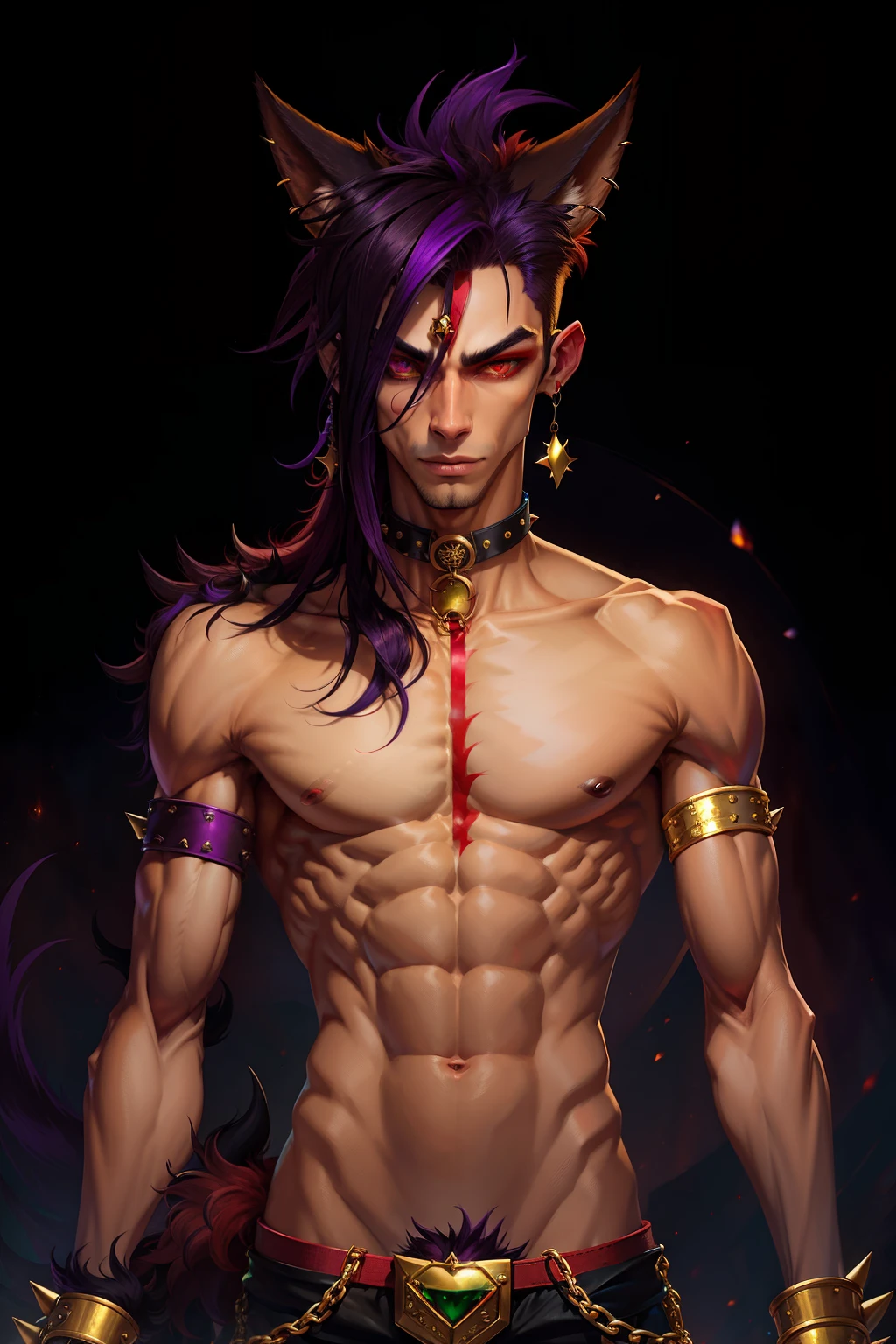 twink, thin, crimson red fur, jackal, brown stomach, black arms, gold eye makeup, green eyes, male, long black ears, purple hair tuft, spiked dog collar, realistic