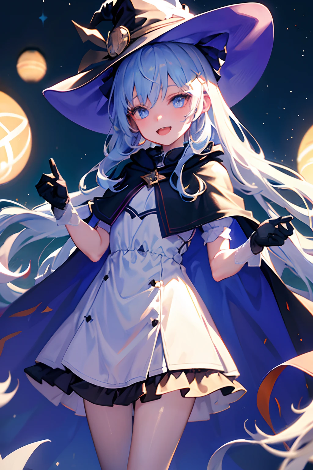 ((masterpiece:1.2, best quality)), 1girl, solo, (witch hat), blonde hair, long hair, dress, aurora, night, gloves, starry night, white dress, night sky, open mouth, starry sky, blue eyes, ribbon, very long hair, red dress, smile, hair ribbon, cape, blue hair, (bird), magic, casting spell, night, by Francesco Filippini